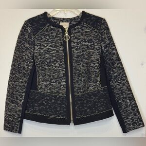 Classy Chico's Black and White Blazer Pieced w/Lace Jaguar Print Zip Up Size 0